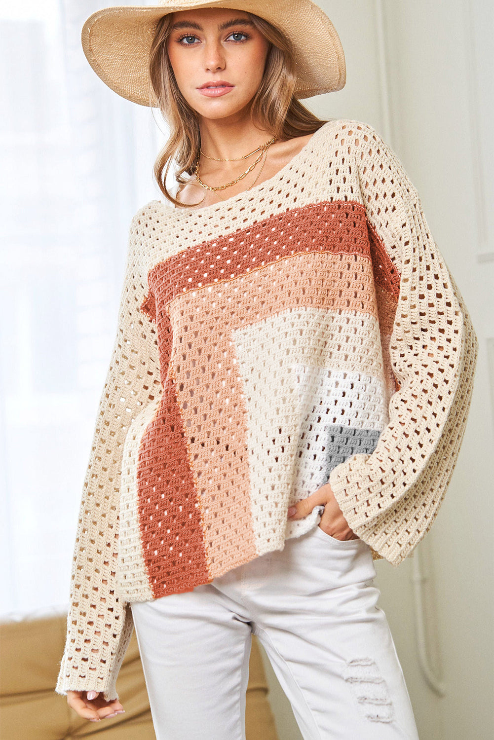 Aprikosenfarbener Pointelle-Strick-Baggy-Pullover mit Farbblockdesign