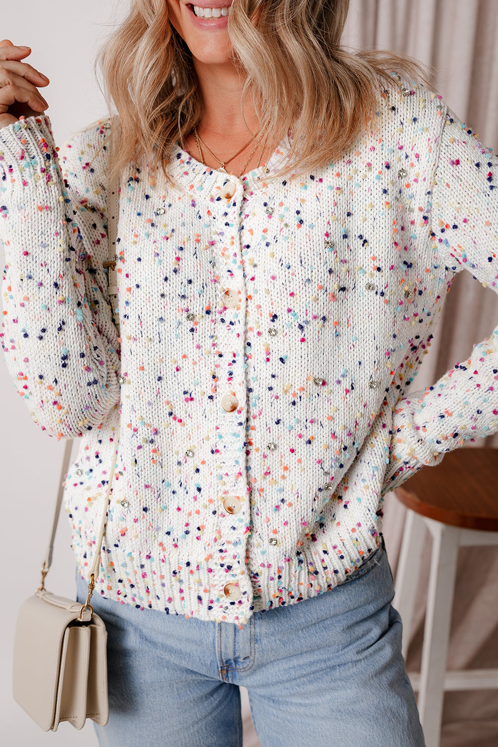 Weißer mehrfarbiger Konfetti-Pullover-Cardigan