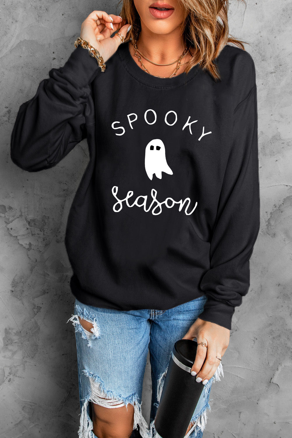 Schwarzes Sweatshirt mit Grusel-Saison-Geistergrafik