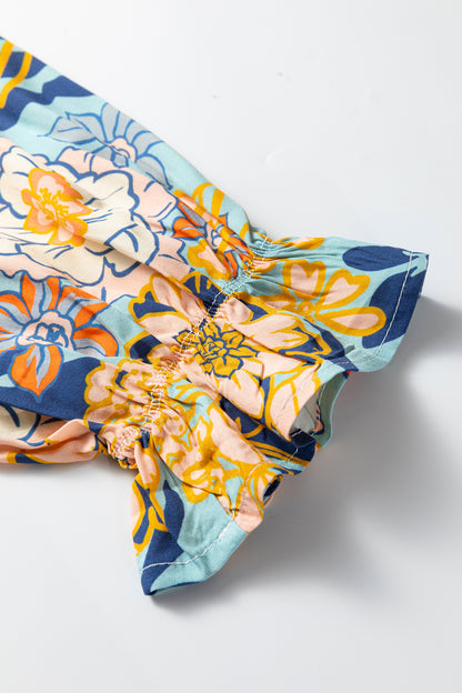 Blue Plus Size Floral Ruffled Long Sleeve Flowy Mini Dress