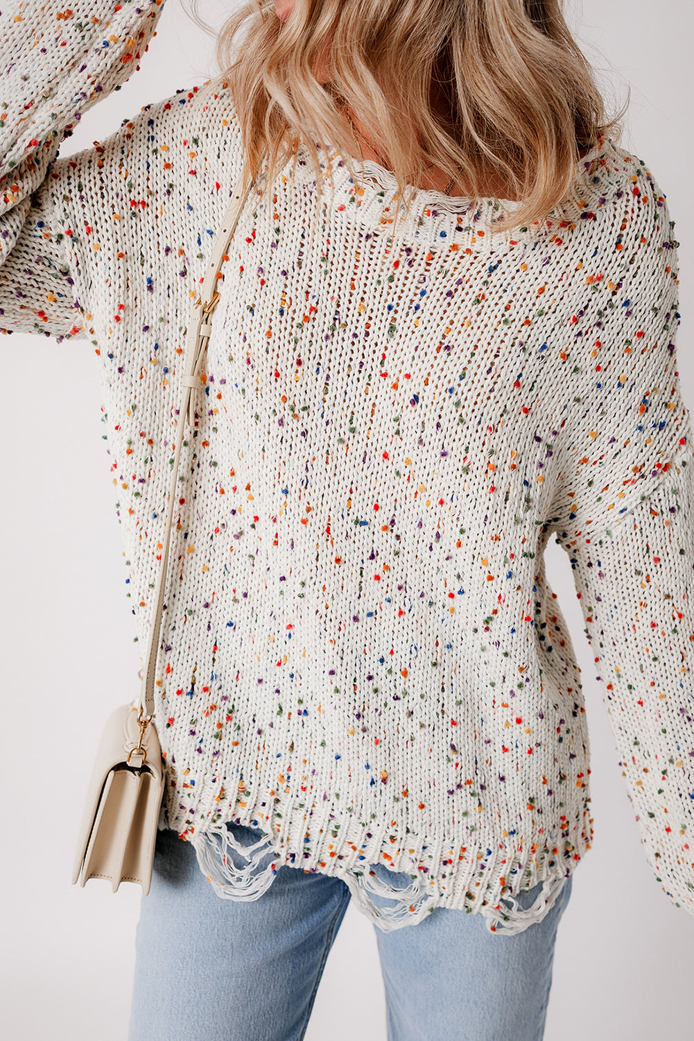 White Colorful Popcorn Knit Distressed Tunic Sweater