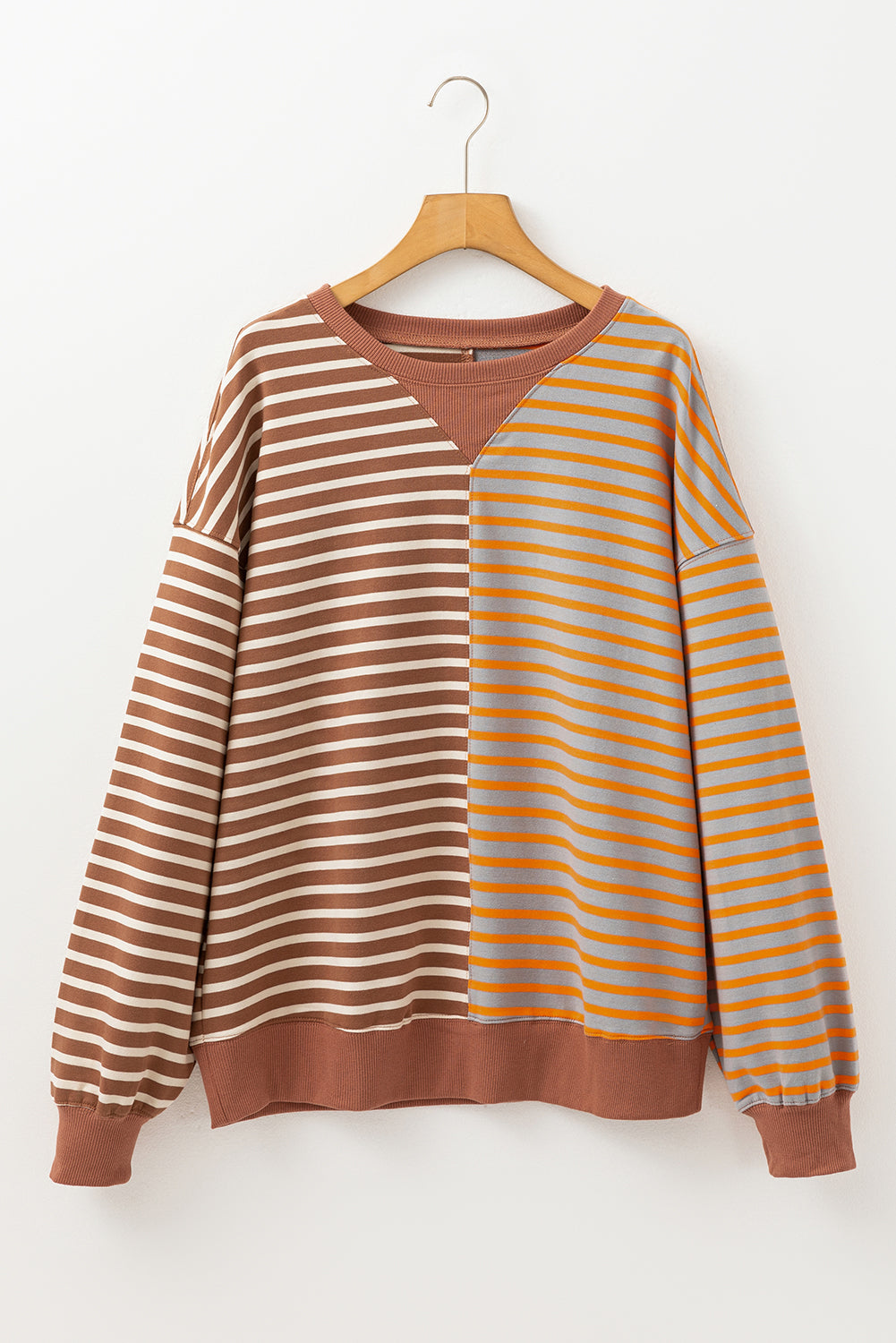 Braun gestreiftes, lässiges, gestreiftes Colorblock-Sweatshirt mit überschnittener Schulter