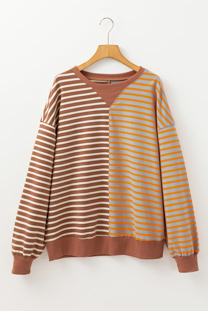 Braun gestreiftes, lässiges, gestreiftes Colorblock-Sweatshirt mit überschnittener Schulter