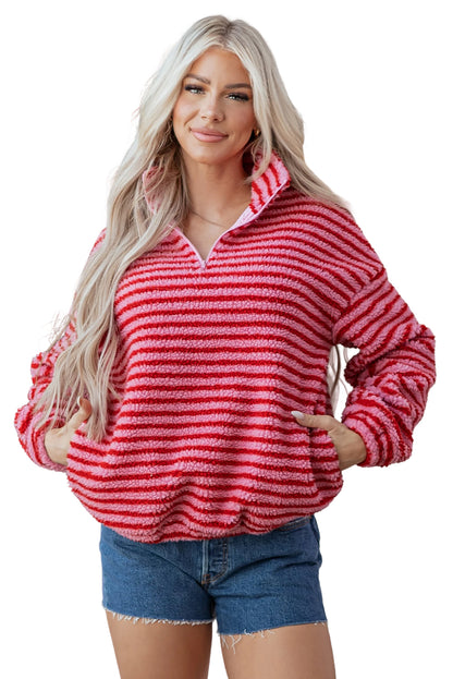Pink Stripe Quarter Zip Fleece Oversize Sweatshirt