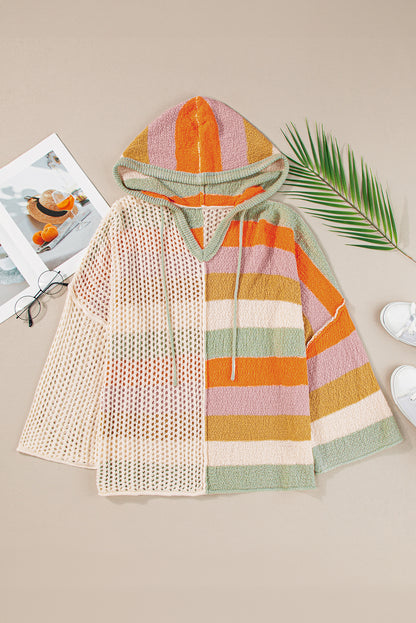 Beigefarbener Oversize-Kapuzenpullover mit Farbblockdesign und V-Ausschnitt