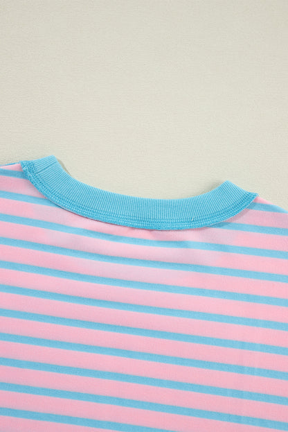 Rosa gestreiftes High-Low-Pullover-Tunika-Sweatshirt mit Kontrastbesatz