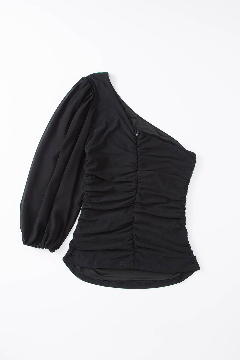 Schwarzes Langarm-Top mit One-Shoulder-Träger aus Netzstoff