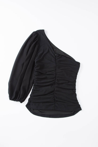 Schwarzes Langarm-Top mit One-Shoulder-Träger aus Netzstoff