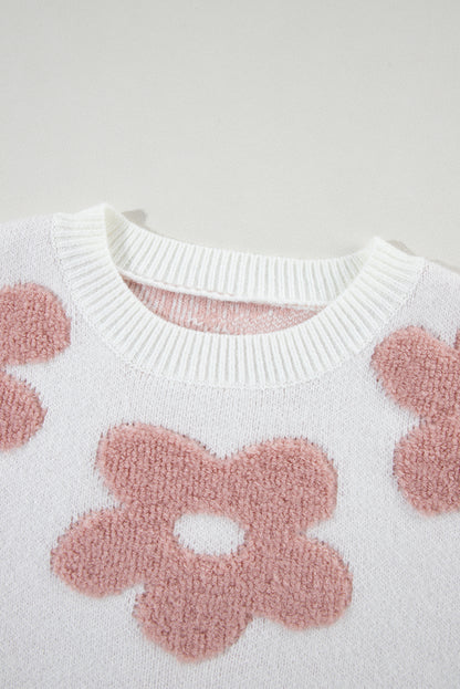 Weißer, strukturierter Pullover mit Blumenmuster und überschnittener Schulter
