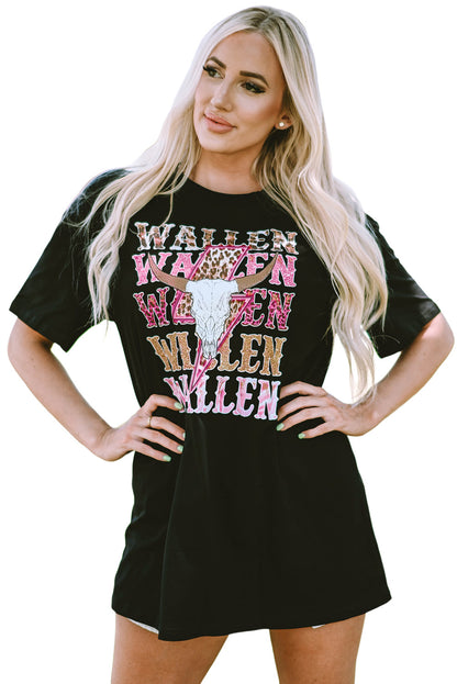 Schwarzes, übergroßes WALLEN-T-Shirt mit Kuhschädel-Grafik