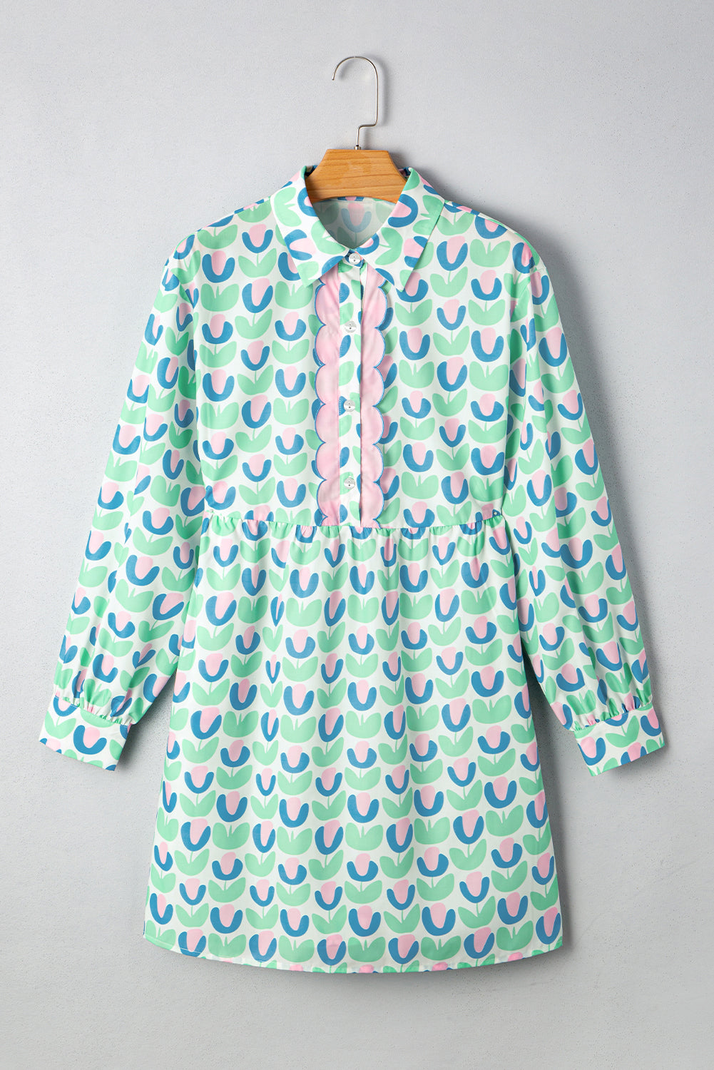 Green Floral Print Notched Neck Scalloped Detail Long Sleeve Mini Dress