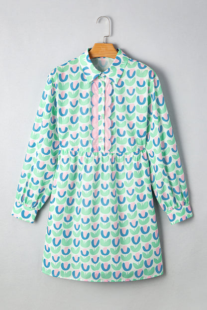Green Floral Print Notched Neck Scalloped Detail Long Sleeve Mini Dress