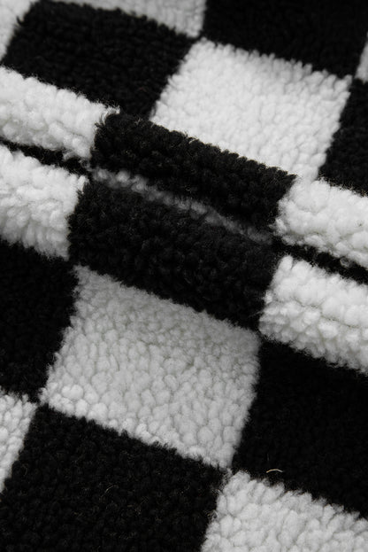 Schwarze, karierte Fleecejacke mit Seitentaschen, Kragen und Knöpfen