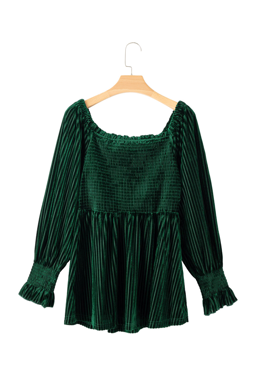 Schwarzgrünes gesmoktes Babydoll-Oberteil aus geripptem Samt