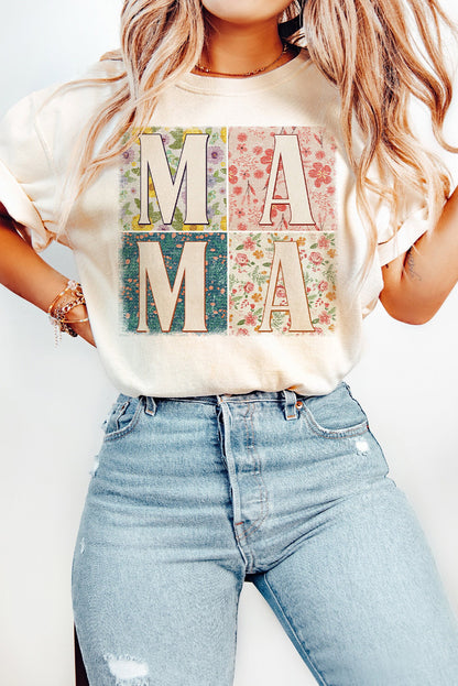 Weißes MAMA Lässiges T-Shirt mit Blumenblockgrafik