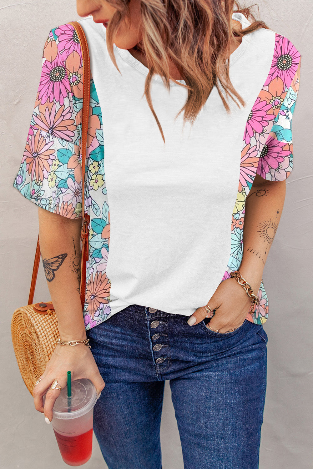 Weißes Patchwork-Kurzarm-Top mit Blumenmuster