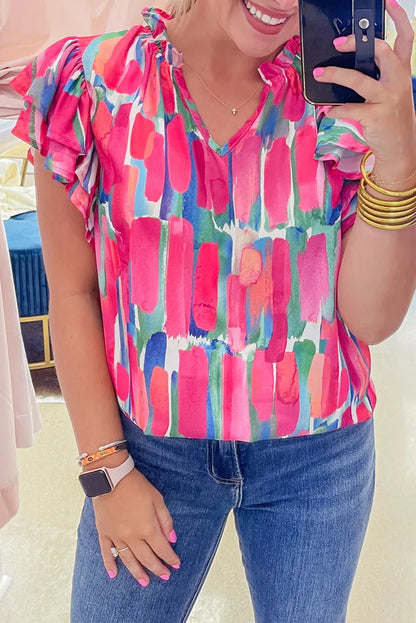 Bluse mit V-Ausschnitt und abstraktem Pinseldruck und Rüschenärmeln