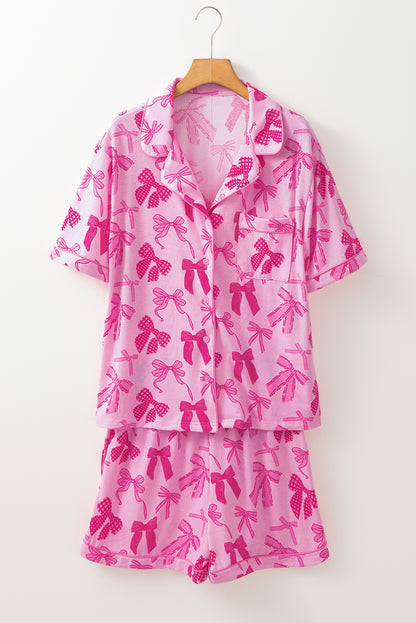 Rosa Pyjama-Set mit halblangen Hemden und Shorts mit Schleifenmuster