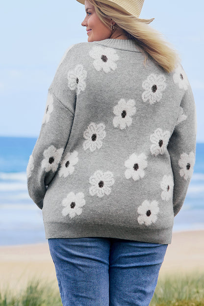 Grauer Pullover mit halbem Reißverschluss und Blumenmuster in Übergröße