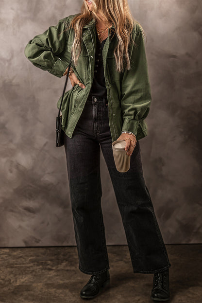 Moosgrüne Jacke mit Druckknopf-Reißverschluss und engem Taillenkragen