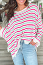 Oversize-Pullover mit überschnittenen Schultern und Tasche, Rosenstreifen