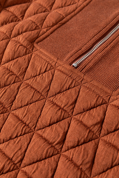 Straw Yellow Geometric Quilted Half Zipped Loose Sweatshirt