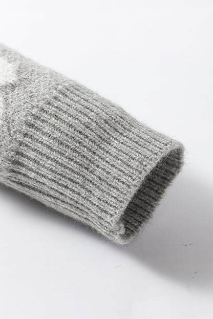 Grauer Pullover mit Blumenmuster und halblangem Reißverschluss sowie überschnittenen Schultern
