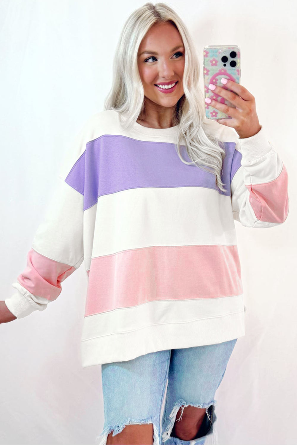 Beiges Sweatshirt mit Rundhalsausschnitt und Patchwork-Farbblockdesign mit überschnittener Schulter
