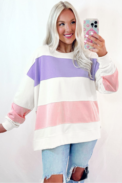 Beiges Sweatshirt mit Rundhalsausschnitt und Patchwork-Farbblockdesign mit überschnittener Schulter