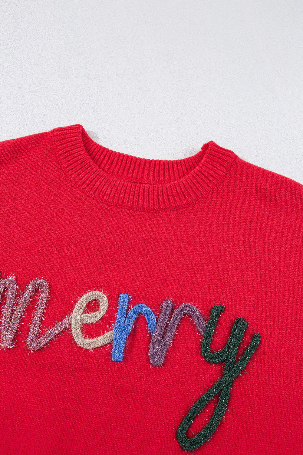Feurig-roter Lametta Merry Letter Baggy Pullover mit tief angesetzter Schulterpartie