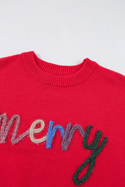 Feurig-roter Lametta Merry Letter Baggy Pullover mit tief angesetzter Schulterpartie