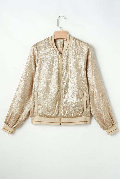 Hellkhakifarbene Baseballjacke mit Reißverschluss in Metallic-Optik