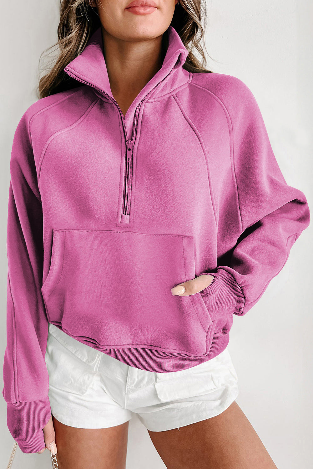 Bonbon – Sweatshirt mit Stehkragen und Reißverschluss und Daumenlöchern an den Ärmeln