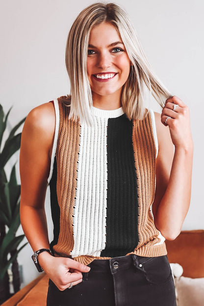 Ärmellose Strickweste mit Streifen-Farbblock in Khaki