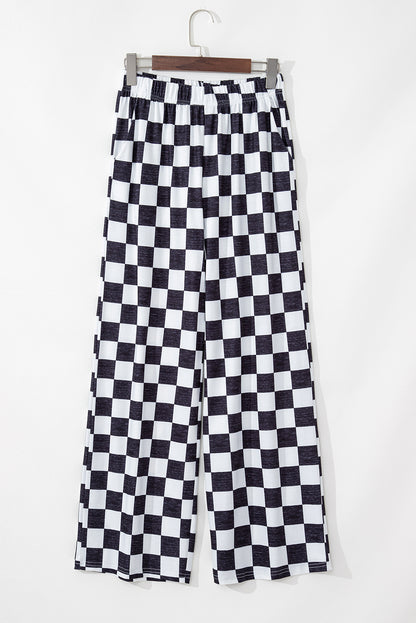 Schwarze Hose mit weitem Bein und hoher Taille im zweifarbigen Karomuster
