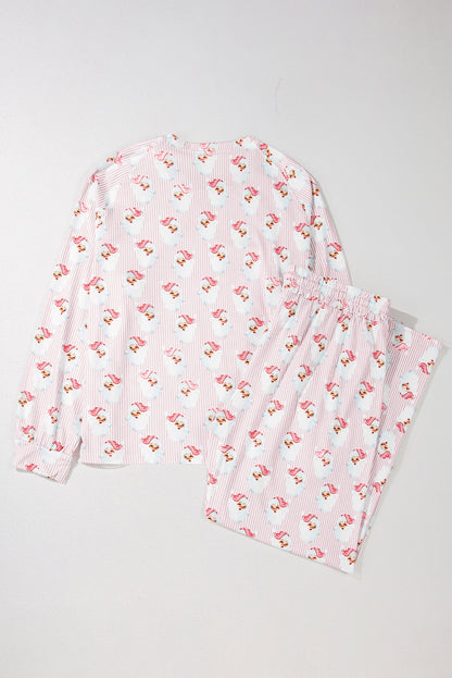Rosa, locker geschnittenes, zweiteiliges Lounge-Set mit gestreiftem Weihnachtsmann-Print