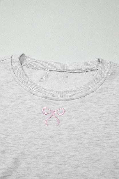 Light Grey Girly Bow Embroidered Detail Puff Sleeve Pullover 2pcs Short Set