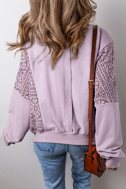Sweatshirt mit geripptem Saum und sichtbaren Nähten im Orchid Petal-Strick-Häkelmuster