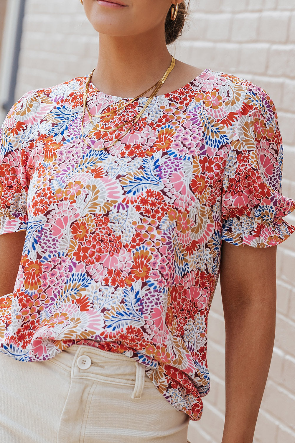 Bluse mit mehrfarbigen Blumenmuster-Mix und Puffärmeln