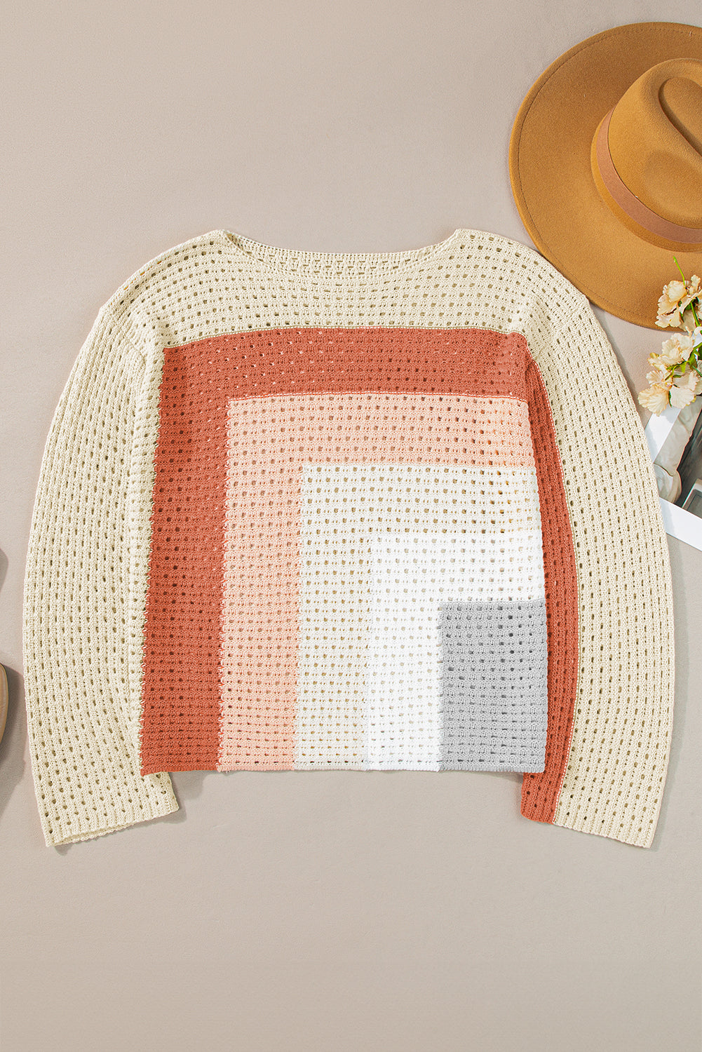 Aprikosenfarbener Pointelle-Strick-Baggy-Pullover mit Farbblockdesign
