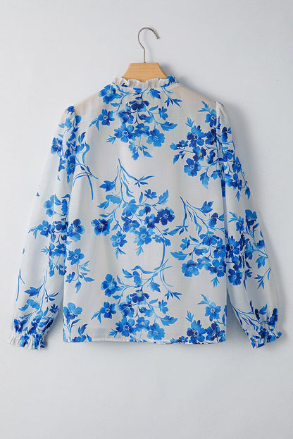 Blue Floral Long Sleeve Lace-up V Neck Blouse