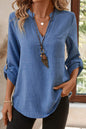 Ashleigh Blue Solid Color Notched V Neck Roll up 3/4 Sleeve Blouse