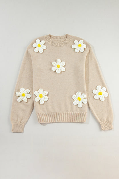 Grobstrickpullover mit Häkelmuster und Blumenmuster