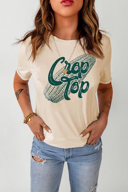 Khakifarbenes Crop-Top mit Mais-Grafik