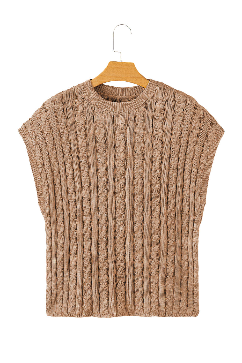 Hellbeiger, kurzärmliger Zopfmusterpullover mit Rundhalsausschnitt