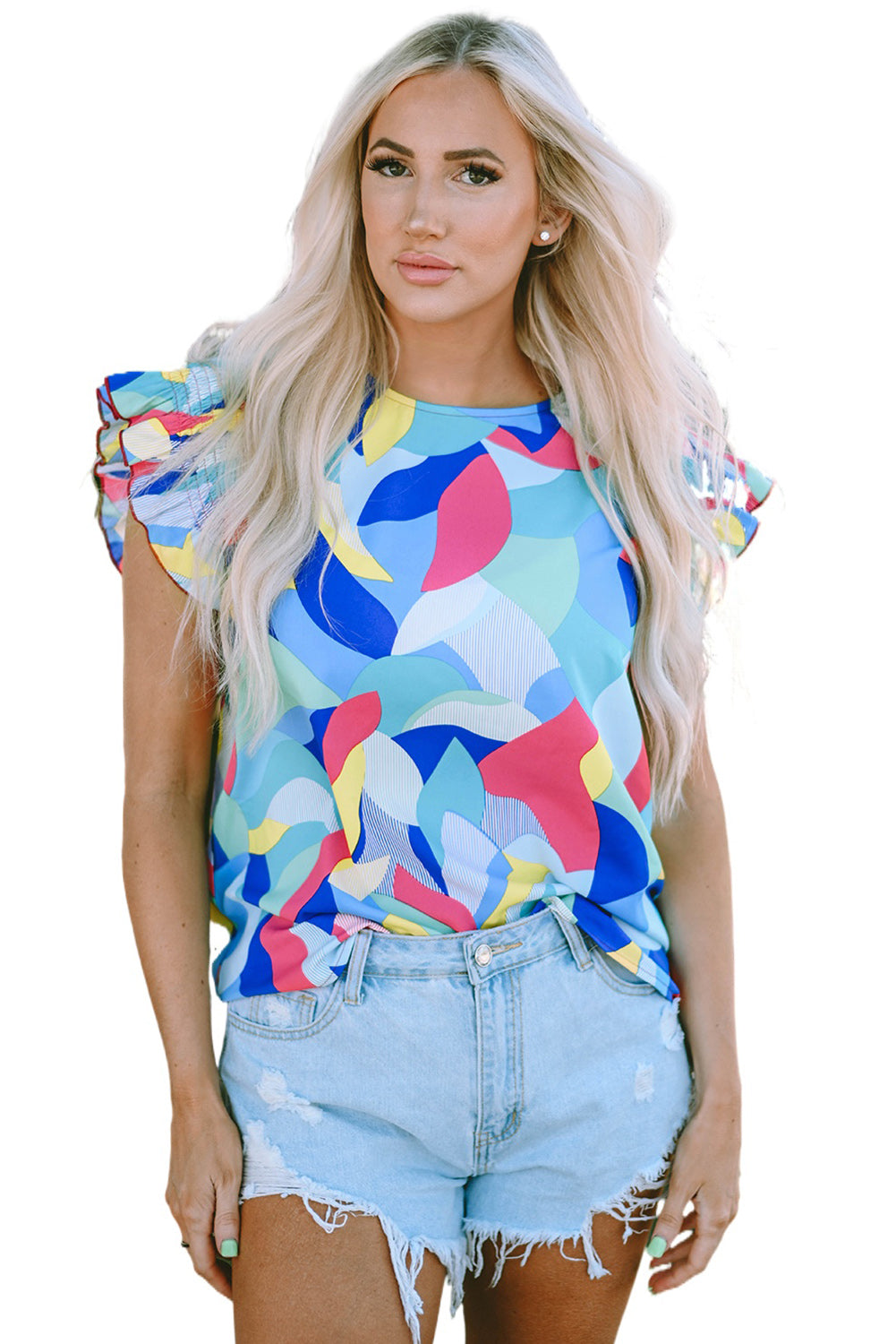 Mehrfarbige Bluse mit abstraktem Print und Rüschenärmeln