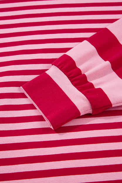 Strawberry Pink Mix Striped Drop Shoulder Patchwork Sleeve V Neck Pullover