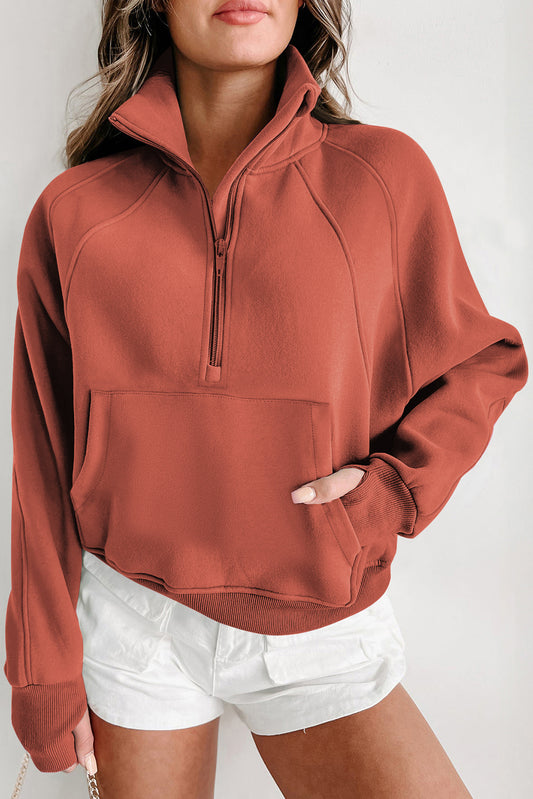 Flamingo Sweatshirt mit Stehkragen und Reißverschluss und Daumenlöchern an den Ärmeln
