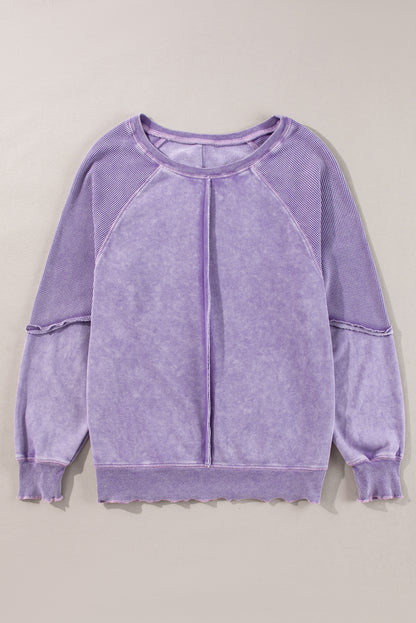 Orchid Petal Solid Waffelstrick Patchwork Raglanärmel Sweatshirt