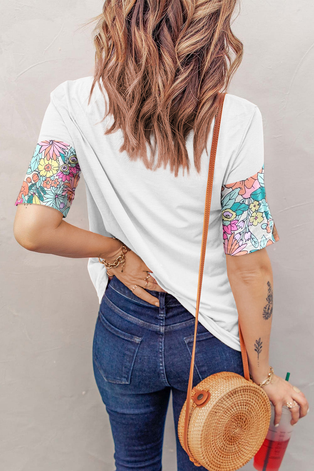 Weißes Patchwork-Kurzarm-Top mit Blumenmuster